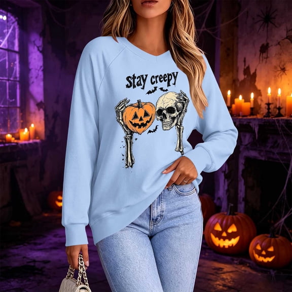 Mifsaly Womens Plus Size Halloween Sweatshirt Skull Pumpkin Graphic V Neck Shirts Spooky Vibes Classic Fall Festival Holiday Casual Wear
