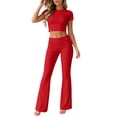 thumbnail image 4 of LEKWK Workout Sets for Women Short Sleeve Crewneck Crop Top and Low-Rise Flared Leggings Summer Fashion Yoga Athletic Gym Casual Lounge Outfits, 4 of 7