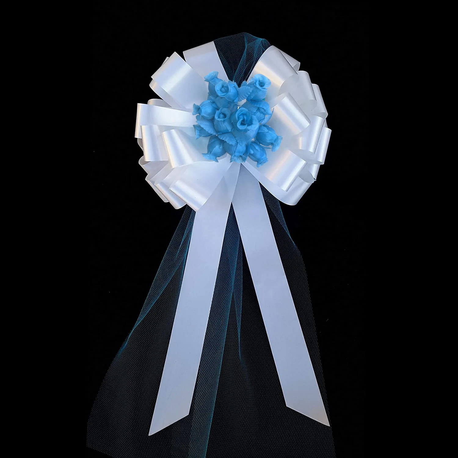 White Pull Bows with Turquoise Tulle Tails and Rosebuds - 8" Wide, Set of 6, Wedding Pew Bows, Reception, Aisle Decor, Anniversary