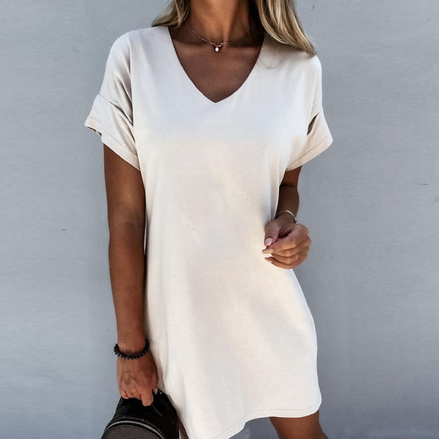 Gspmoly Robes d'Été pour Femmes, Robe Décontractée Aguichant Mode Col en V Couleur Unie Manches Courtes Jupe Courte Robe de Vacances pour Femmes Économies