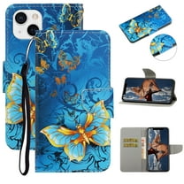 SaniMore for iPhone 14 6.1" 2022 Wallet Case, Color Painting Pattern with Kickstand Card Slots Detachable Wrist Strap Grils Women PU Leather Case Magnetic Clasp for iPhone 14, Gold Butterfly