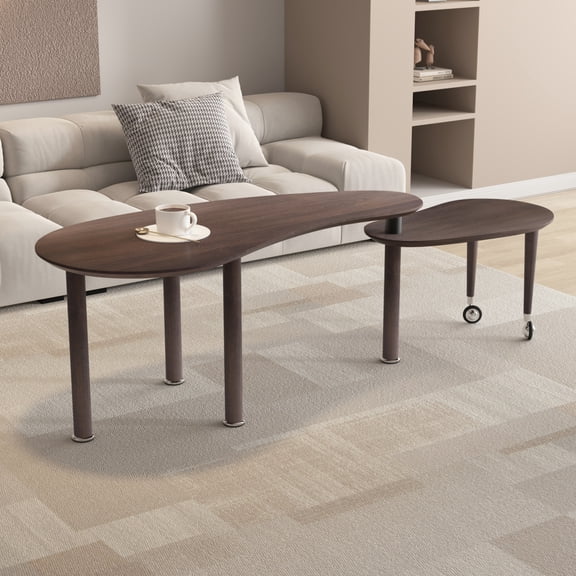 360 Rotatable Nesting Coffee Table, Crescent Shaped Top, 2-in-1 Cocktail Table with Solid Wood Legs for Living Room, Walnut