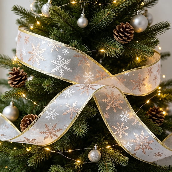 JeashCHAT Christmas Snowflake Wired Ribbon, Glitter Ribbon Roll for Gift Wrapping, Christmas Tree Wreaths Decorations, Bow Making, 2.48"x10 Yards