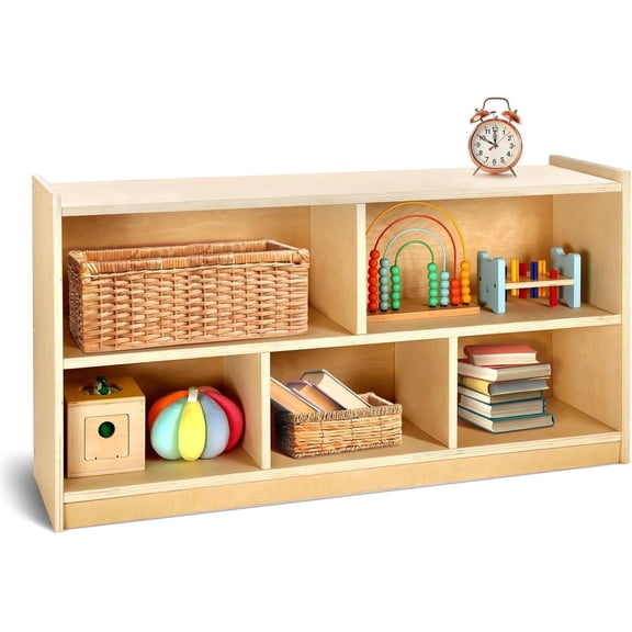 Wood Storage Shelf Organizer, Children's Bookshelf with Hanging Storage Pocket, 44.9" L, 5-Section Montessori Kids Toy & Book Shelf for Kids Rooms, Playroom, Classroom, Nursery, Preschool Furniture
