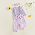 thumbnail image 4 of NOLDARES Baby Girl Clothes Newborn Infant Outfits Ruffle Ribbed Romper + Floral Pants + Headband Sets for Girls 3pcs,Light Purple,3-6 M, 4 of 5
