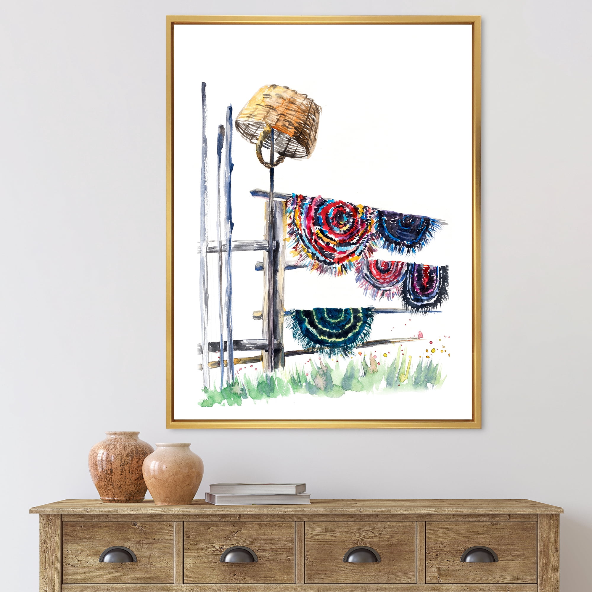 Designart 'Colorful Russian Rugs On Drying Line' Global Framed Canvas Wall Art Print