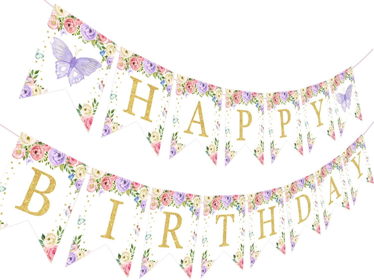 Butterfly Birthday Banner Butterfly Floral 1st 2nd 3rd Birthday Decorations Pink and Purple for Girls Women, Fairy Garden Birthday Party Supplies