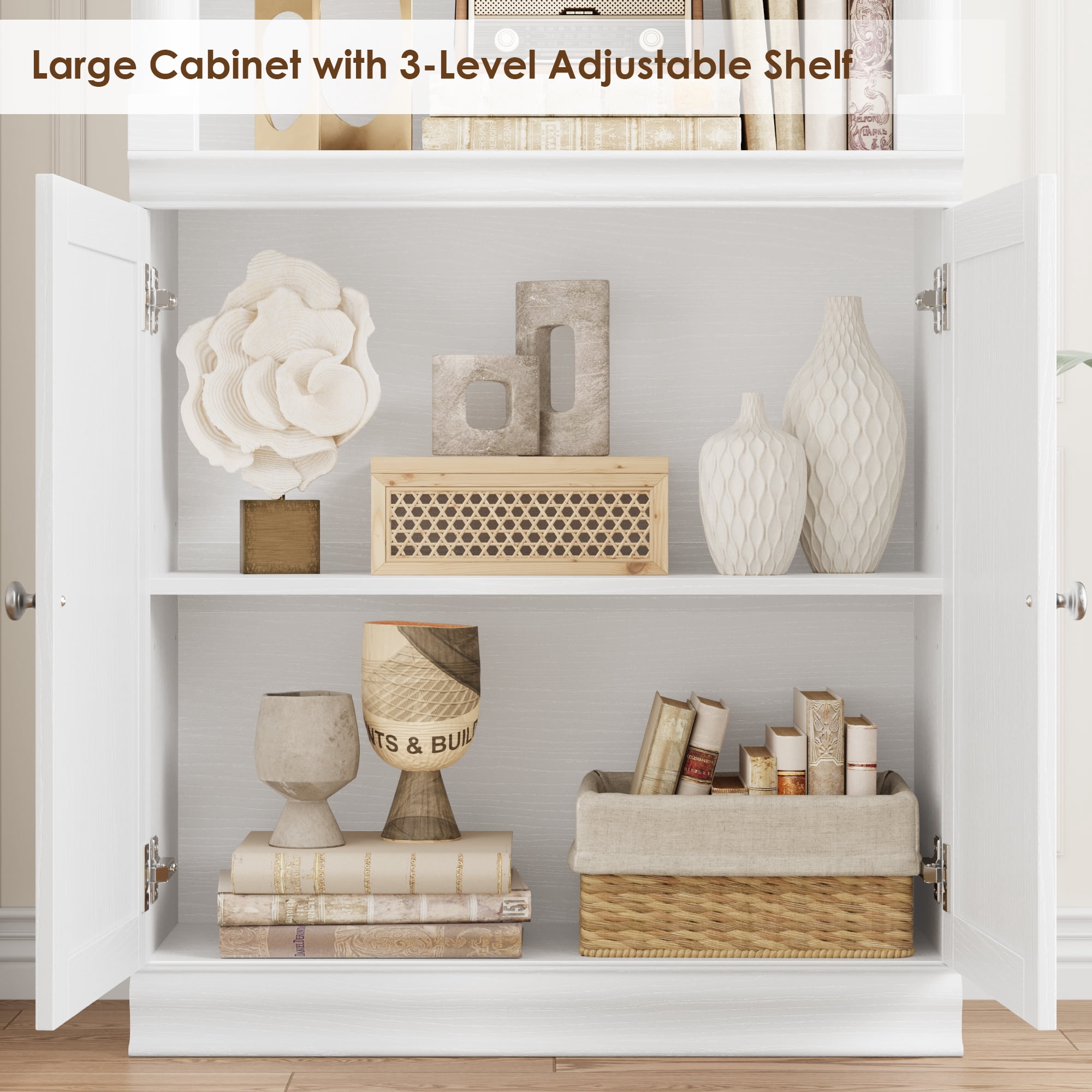 Homfa 71"H Bookcase with Doors, 5 Tier Storage Bookshelf with Adjustable Shelf for Study Home Office, White