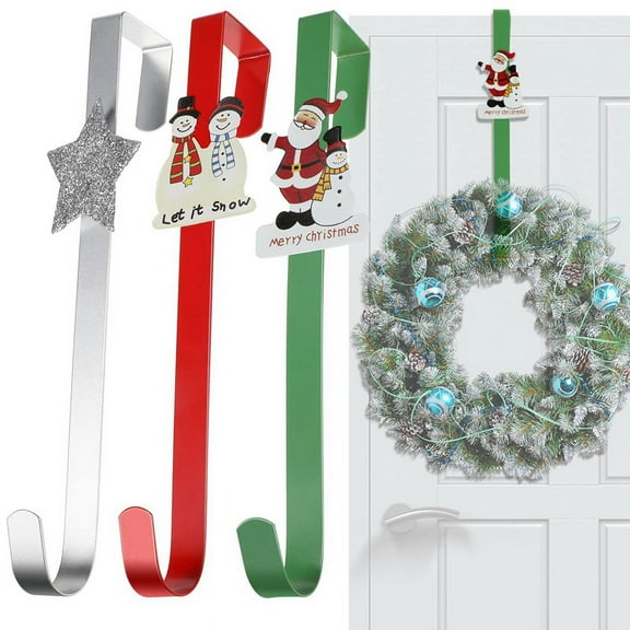 3 Pcs 12 Inch Christmas Wreath Hangers Cartoon Over the Door Hooks Winter Snowmen Santa Star Front