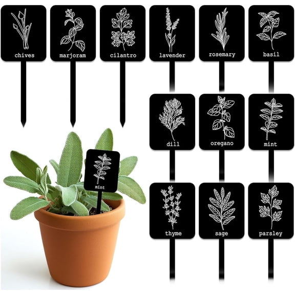 24Pcs Acrylic Plant Label Signs 12 Styles Garden Herb Markers Plant Stake Tags Black Waterproof Tags with Herb Names for Nursery Indoor Outdoor Garden Decoration