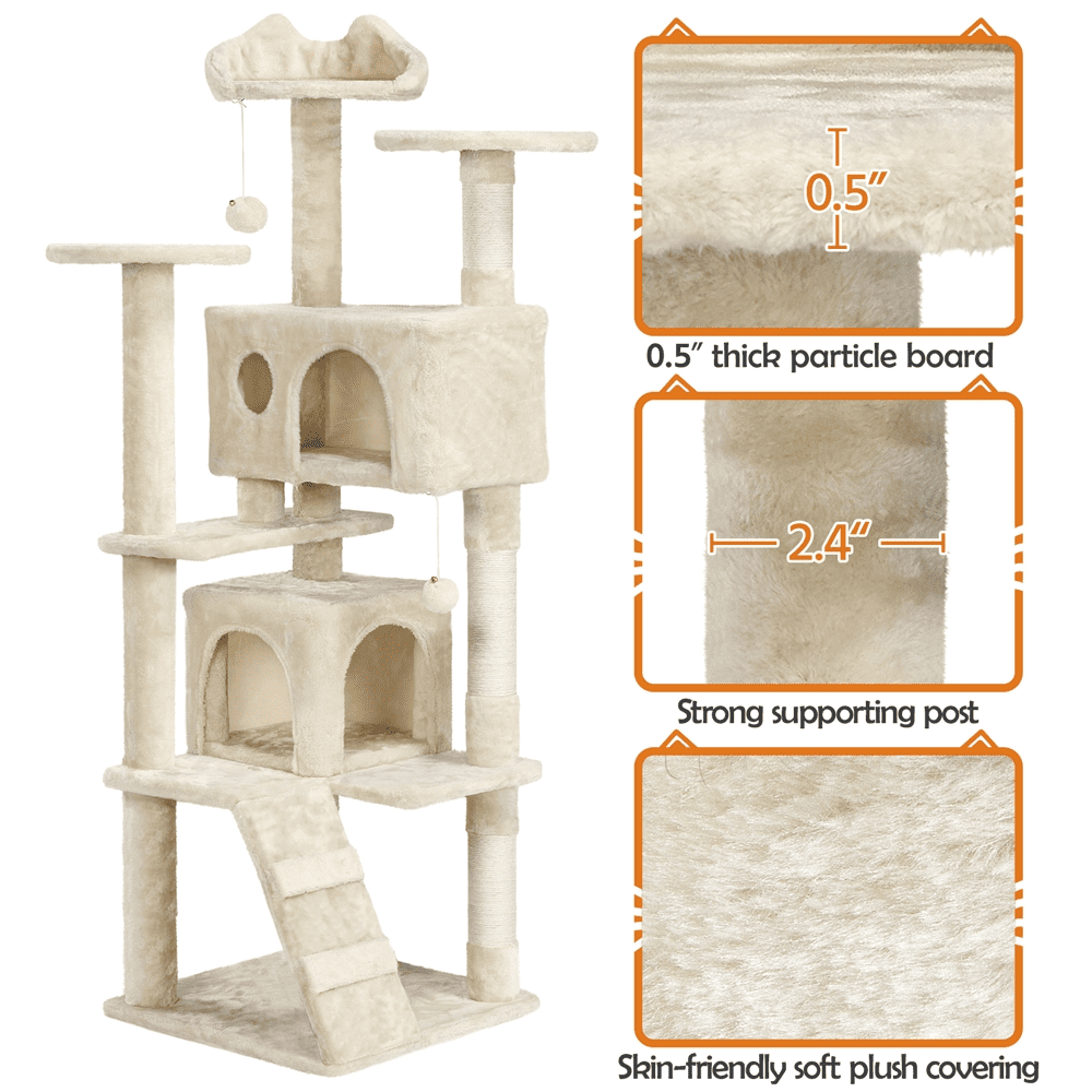 Alden Design 62''H Double Condo Cat Tree with Scratching Post Tower, Beige