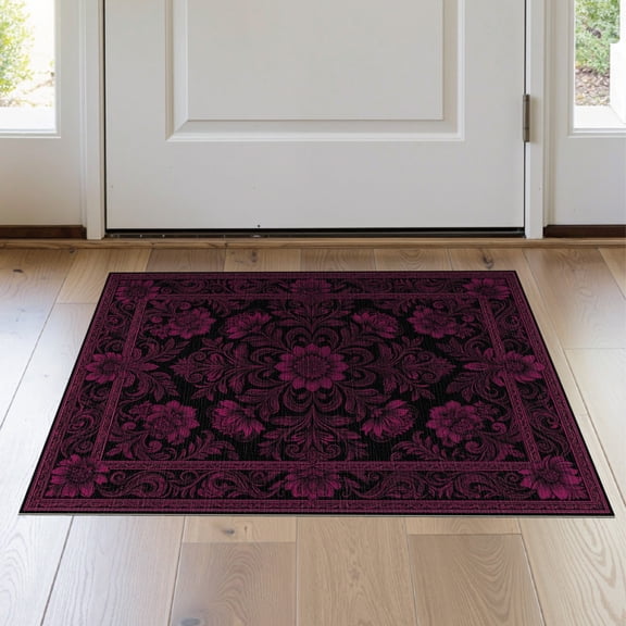 ODIKA 2'x3' Washable Doormat Non-Slip, Low Pile Deep Pink Purple Gothic Flower Whimsical Floral Design with Ornate Border for Entryway, Kitchen, Laundry Room