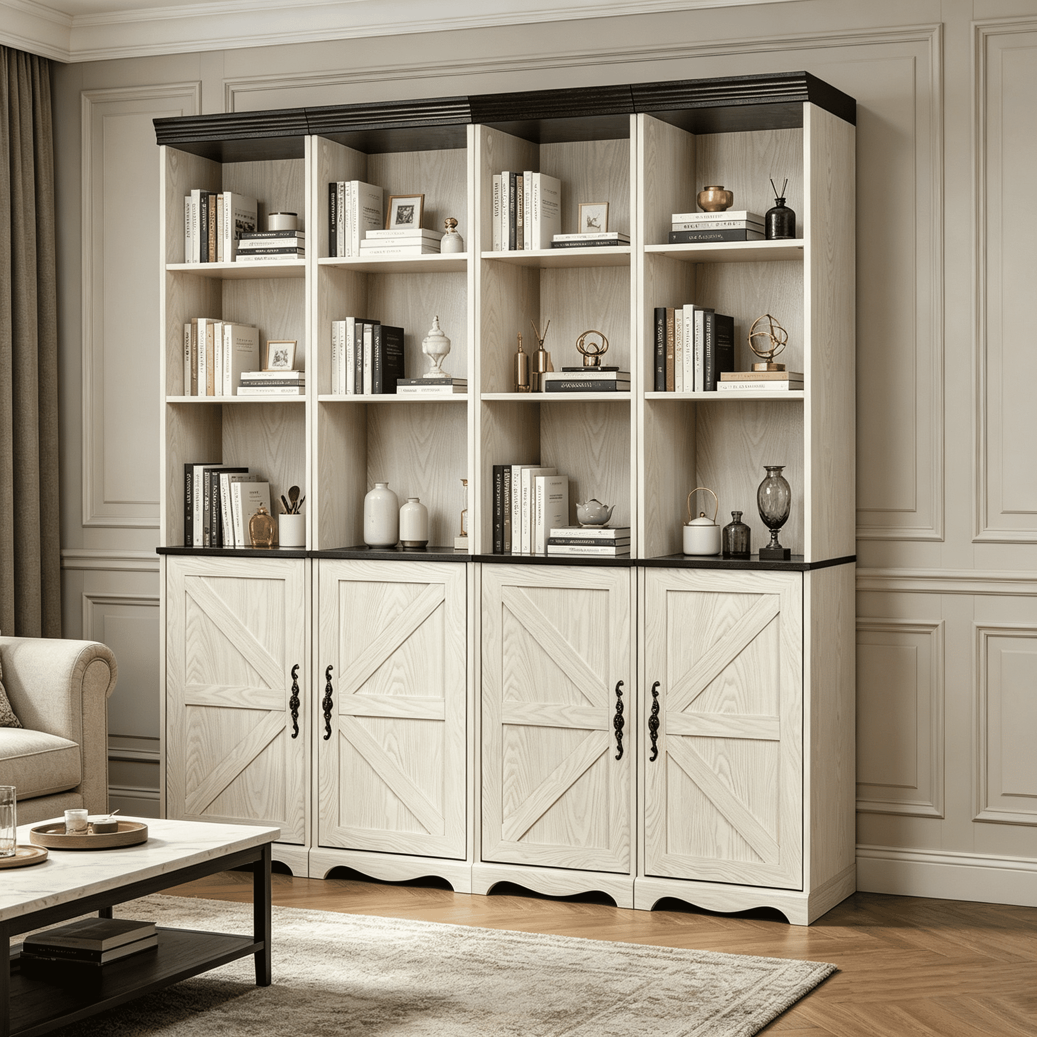 71" 4 Pcs Combined Storage Bookshelf Cabinet, 3 Tier Bookcase with Adjustable Shelf and Closed Cabinets