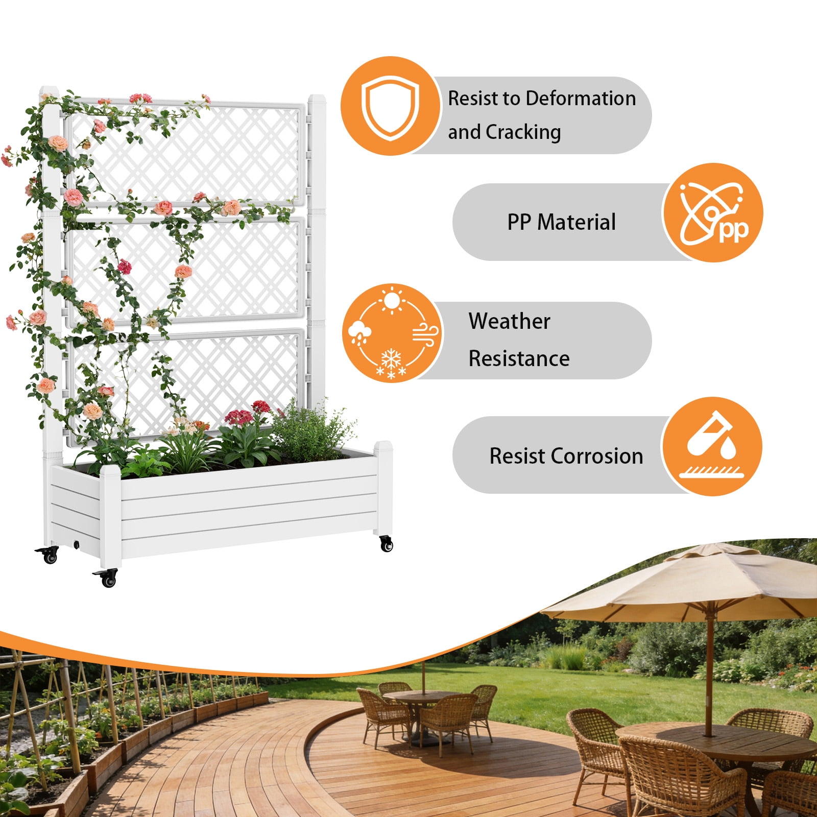 Fazzn Raised Garden Bed with Trellis, Large Outdoor Planter Trellis Box with Drainage Holes and Wheels for Climbing Plants.(Ashen）