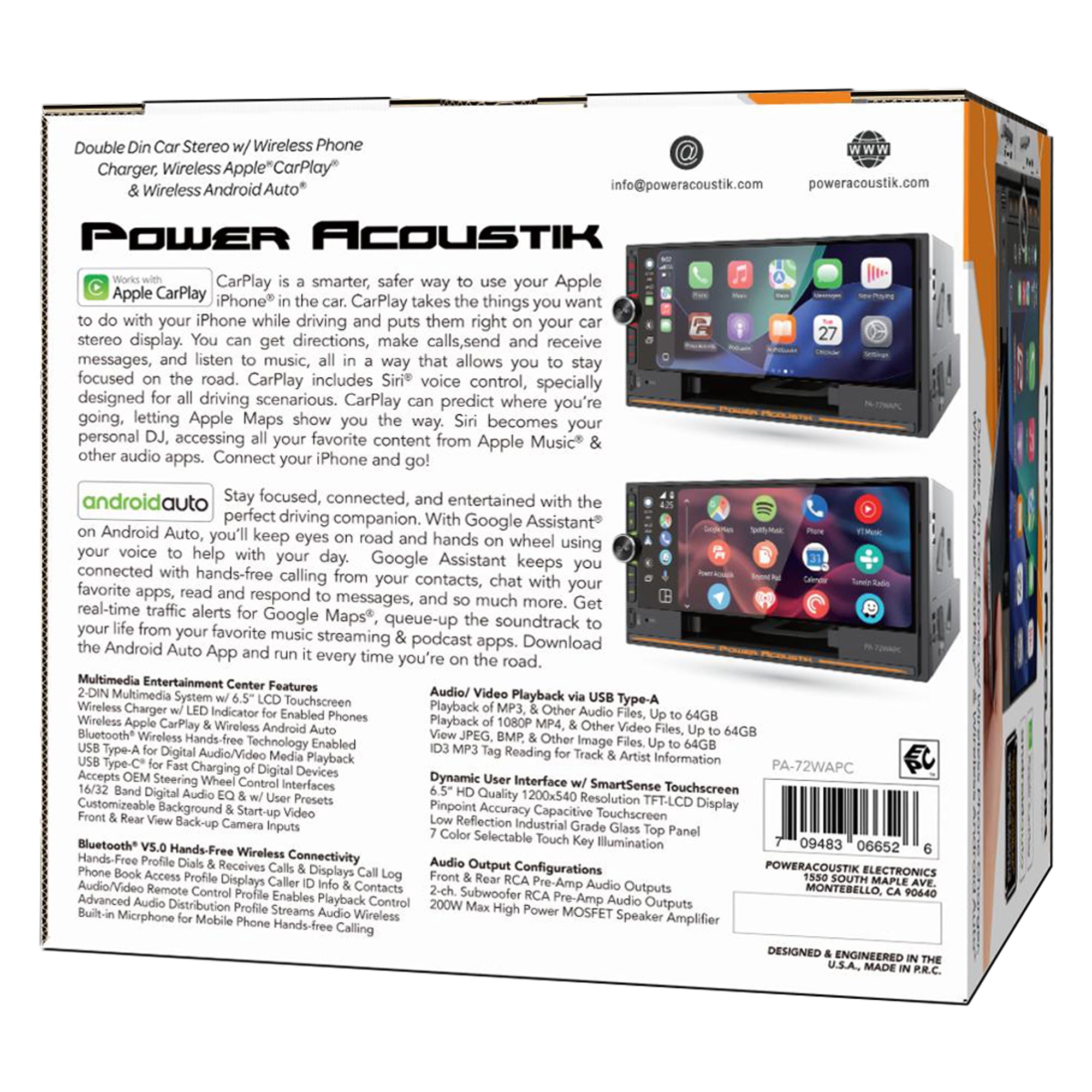 Power Acoustik PA-72WAPC 7-Inch 2-DIN Car Stereo, Wireless Apple CarPlay and Android Auto, Bluetooth, Wireless Charging