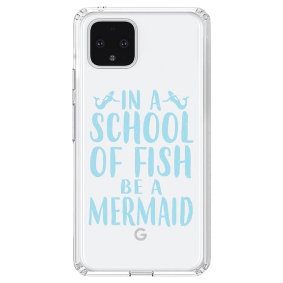 DistinctInk Clear Shockproof Hybrid Case for Google Pixel 4 (6.1" Screen) - TPU Bumper Acrylic Back Tempered Glass Screen Protector - In a School of Fish Be a Mermaid