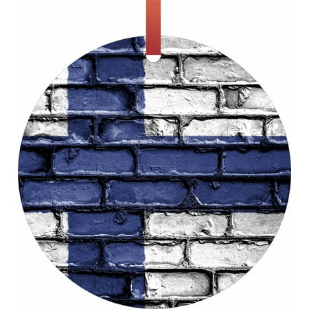 Finland Ribbons - Finland Brick Wall Print Flag Hanging Round Shaped Tree Ornament - (Flat) - Holiday Christmas - Tm - Made in the USA