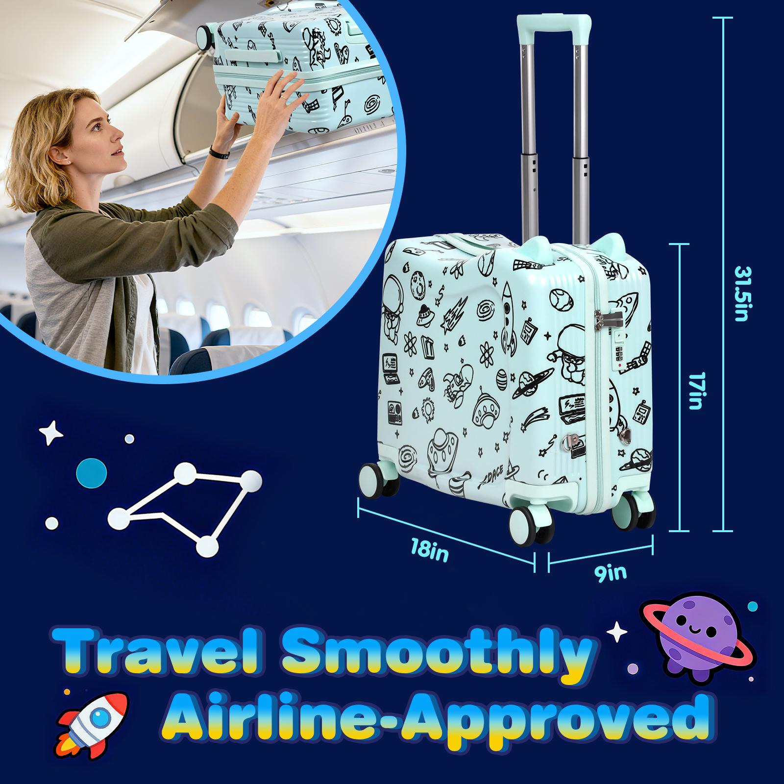 Advwin 20" Ride On Suitcase for Kids, Fun DIY Coloring Carry-On Luggage with 24 Waterproof Markers, Pull Strap & Spinner Wheels, Hardshell Rideable Travel Luggage for Children, Mint Green