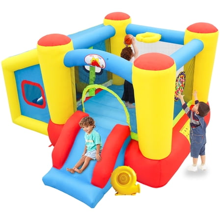 WELLFUNTIME Inflatable Bounce House with Blower, Bouncy Castle with Slide, Jumping Area, Ball Pit for Kids Backyard