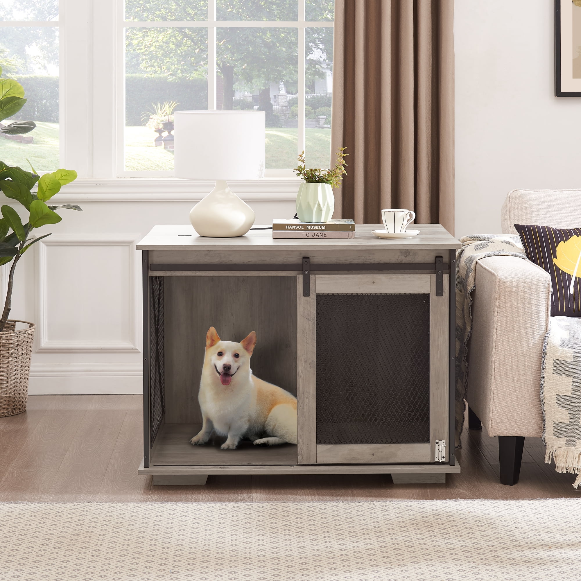 Farmhouse Dog Cage Crate Furniture with Sliding Barn Door, Wooden Dog Kennel End Table with Flip-top Plate Dog House
