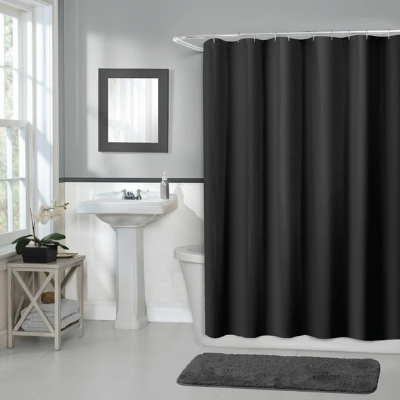 Rideau de douche en tissu nid d’abeilles Home Trends, 178 cm x 183 cm (70 po x 72 po), noir
