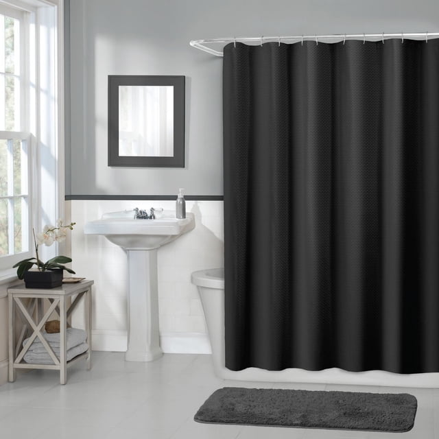 Hometrends Waffle Fabric Shower Curtain, 70 Inches x 72 Inches, Black