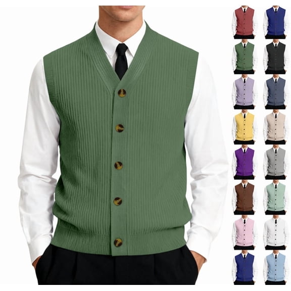 Sweater Vest for Men Sleeveless V Neck Button Down Classic Knit Cardigan Vest Business Fall Winter Pullover Sweater Army Green 3XL