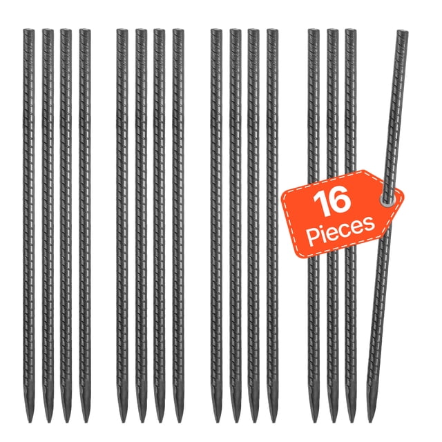VEVOR 16-Inch 16 Pack Rebar Stakes made of heavy-duty galvanized steel with a black anti-rust coating. These straight ground anchors feature a 0.45-inch diameter, chiseled tips for easy penetration, and a threaded surface for enhanced grip. Ideal for anchoring fences, tents, trampolines, and other outdoor applications. Includes 16 pieces.