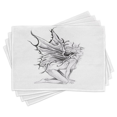 

Tattoo Placemats Set of 4 Artistic Pencil Drawing Artwork Print Nude Fairy Opening its Angel Wings Print Washable Fabric Place Mats for Dining Room Kitchen Table Decor Black and White by Ambesonne