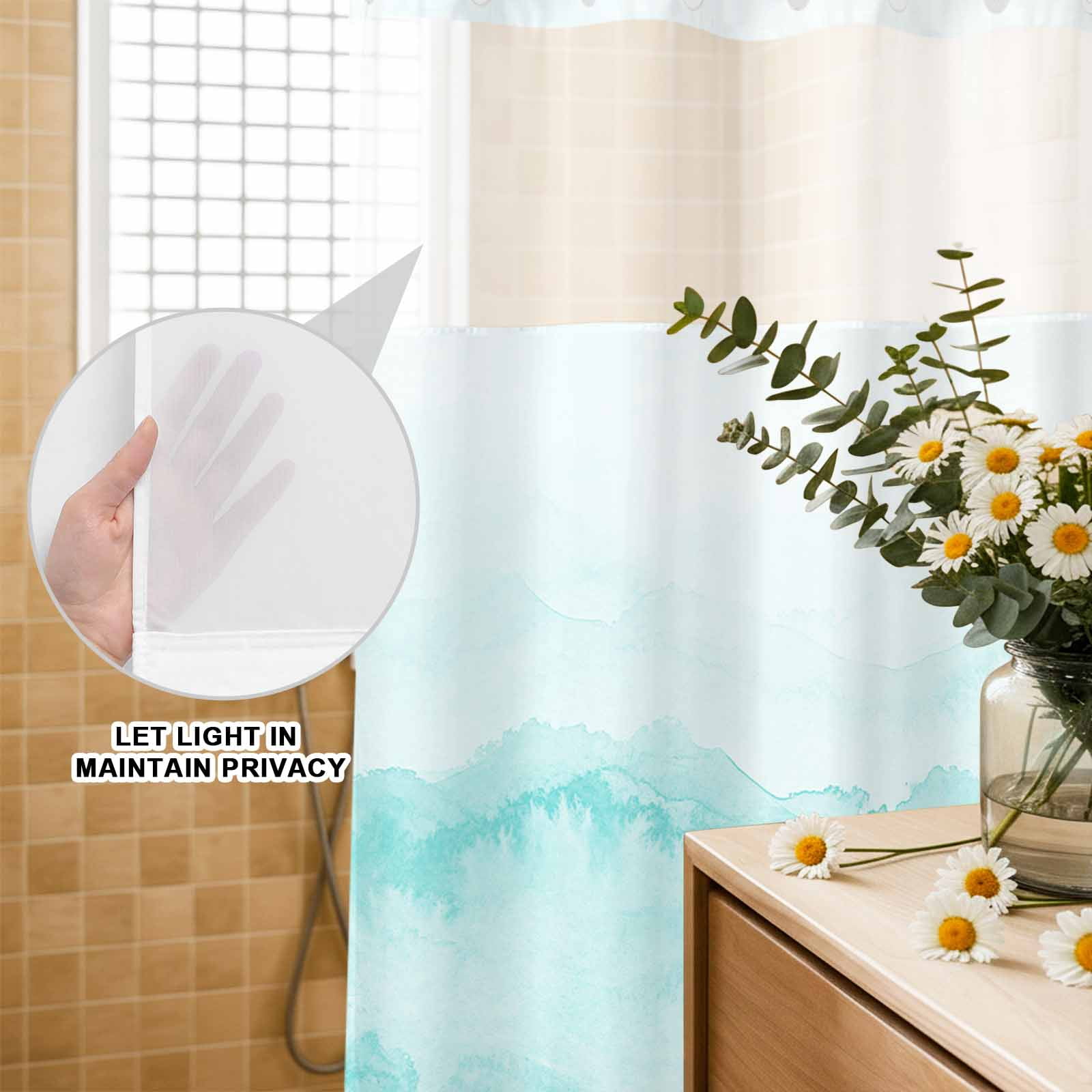 No Hook Shower Curtain Turquoise Mountain Shower Curtain for Bathroom Ombre Abstract Natural Bath Curtains Waterproof Fabric with See Through Top Window for Spa Hotel 72x72 Inch