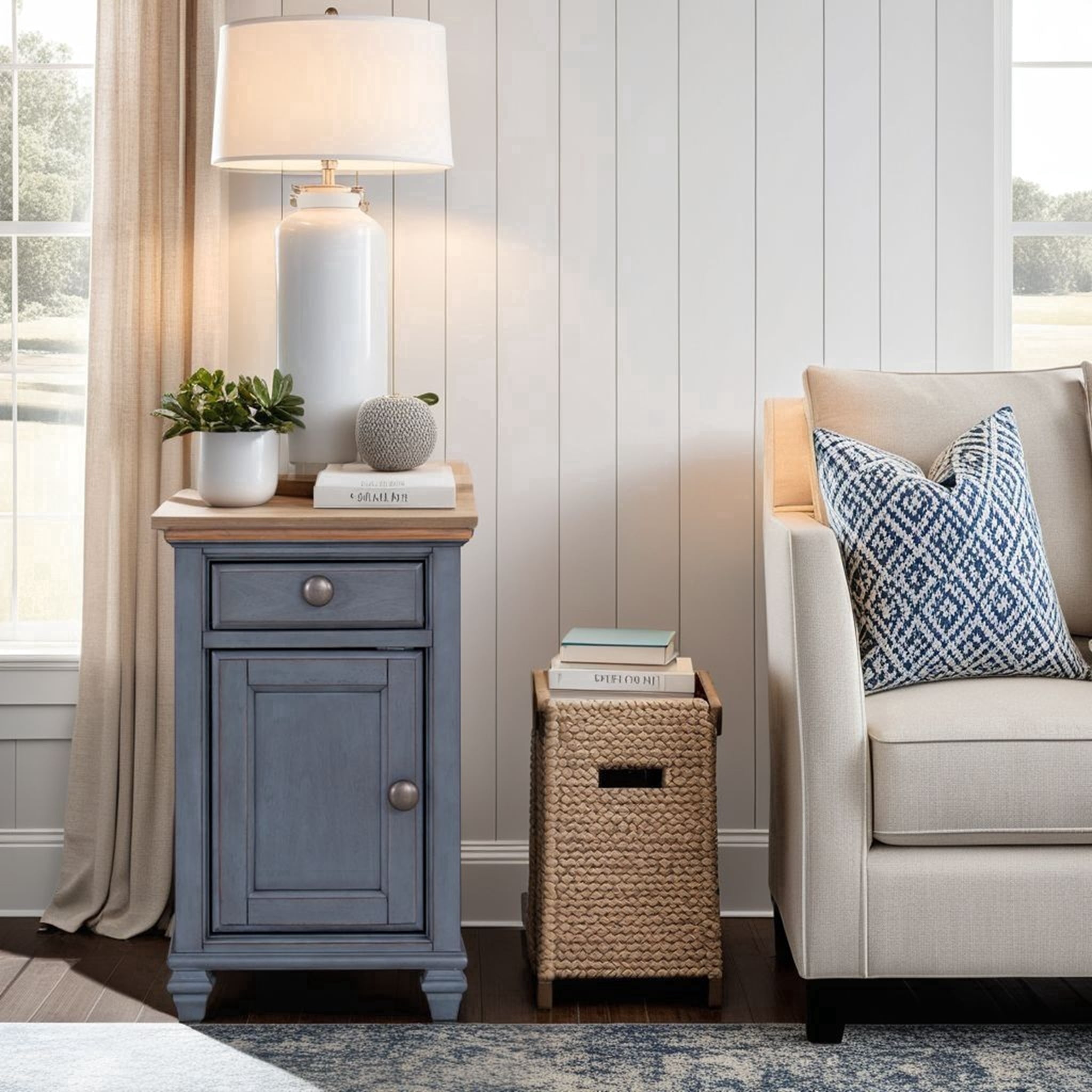 14" Fully Assembled Farmhouse Chair Side Table with Drawer & Door, Narrow Coastal End Table with Storage