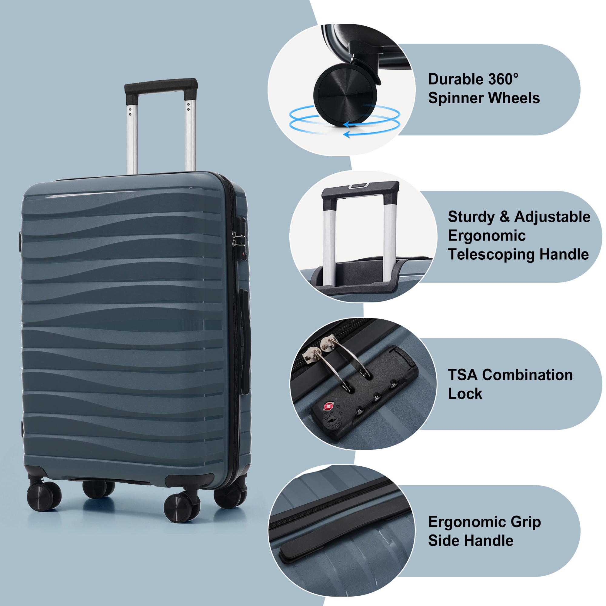 Euroco Luggage Sets 3 Piece,PP Hardside Suitcase Set with TSA Lock & 360° Spinner Wheels,Lightweight Durable Carry on Luggage for Business Travel,Grey Blue(20"/24"/28")