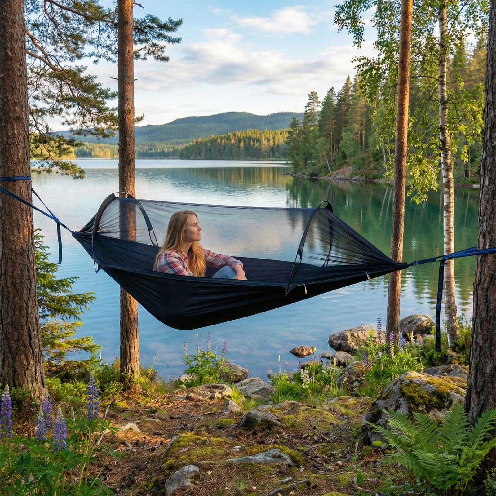 Sunyear Double & Single Camping Hammock with Tent-Like Mosquito Net & Aviation Aluminum Poles (NOT a Face-Hugging Net), Easy Setup 600lbs
