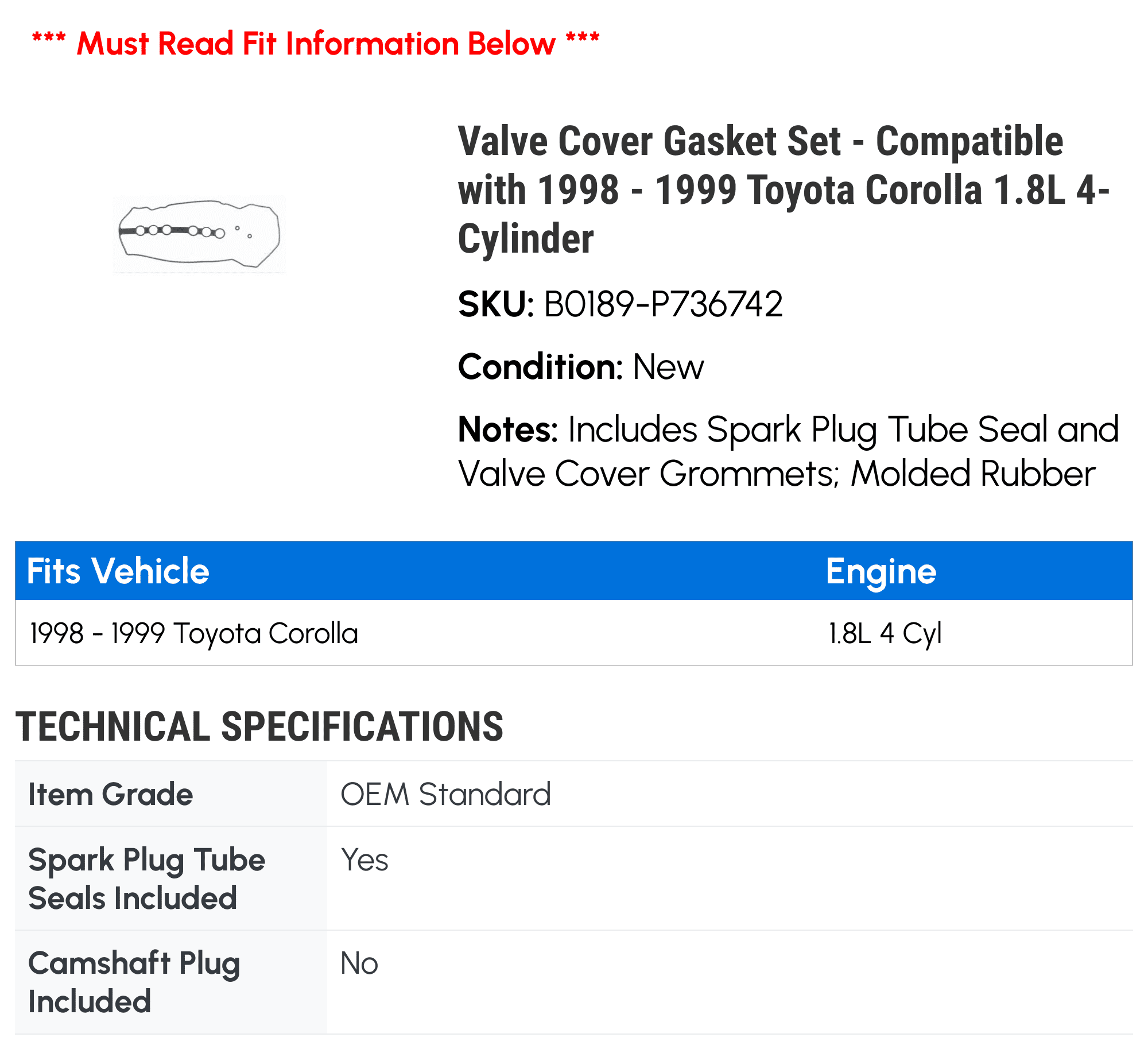 Valve Cover Gasket Set - Compatible with 1998 - 1999 Toyota Corolla 1.8L 4-Cylinder
