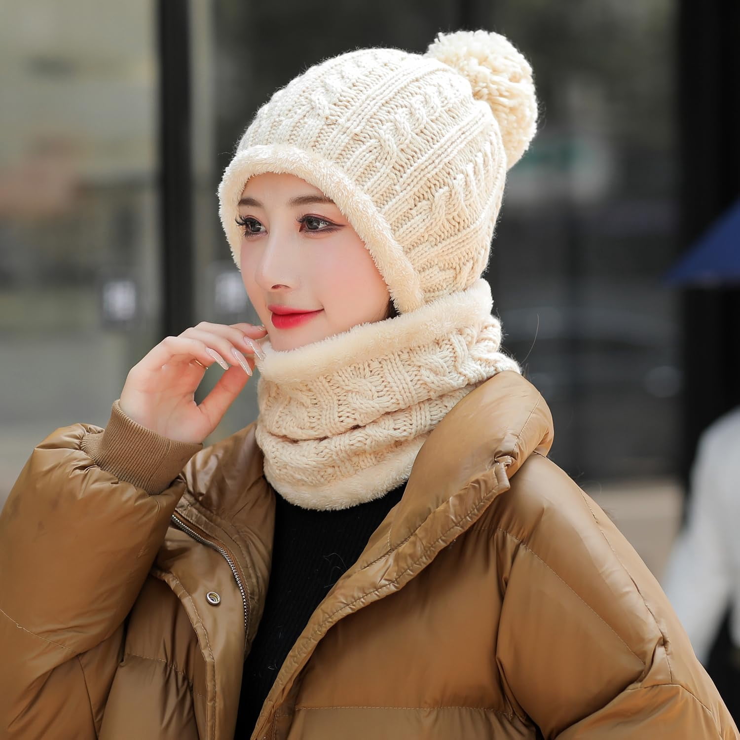 YooGuoGuo Women Winter Beanie Hats One Piece Fleece Lined Knit Balaclavas Mask Set Skull Neck Circle Scarf Ski Snow Hat Pompom