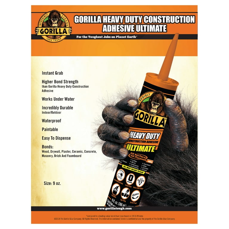 The Gorilla Glue Company - Gorilla Heavy Duty Construction Adhesive  Ultimate is our most durable construction adhesive. It's 100% waterproof,  works underwater, and has an instant grab. Tag 3 friends in the