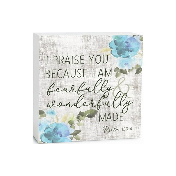 Fearfully Wonderfully Made Grey Floral 5 x 5 Wood Tabletop Sign Plaque