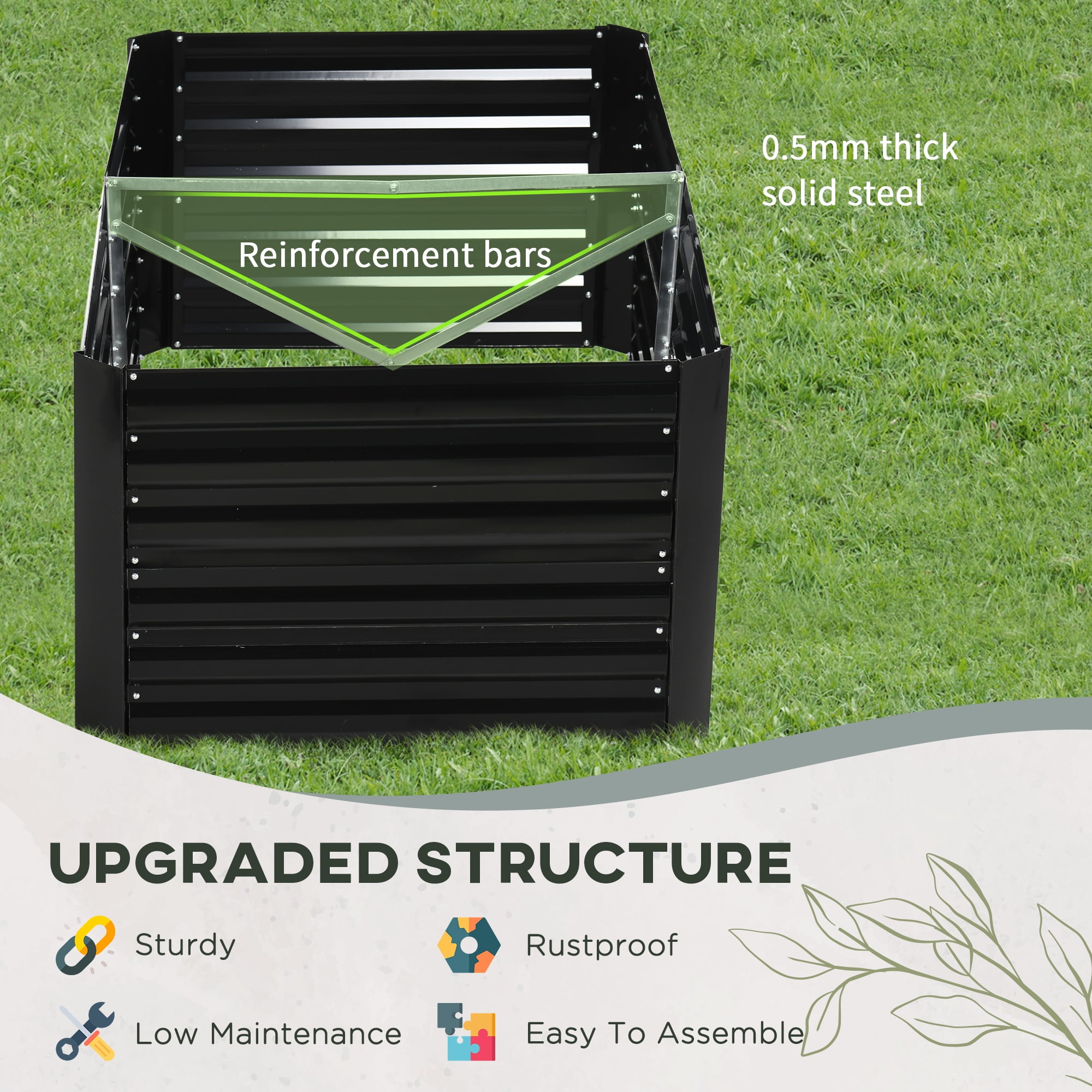 Galvanized Raised Garden Bed Kit with Reinforcing Bars, Large and Tall Metal Planter Box for Vegetables, Flowers and Herbs, 6' x 3' x 2', Black