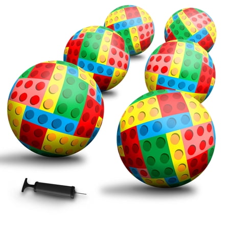 New Bounce Bouncy Balls for Kids – 8.5” Brick Print Playground Balls, Set of 6 Balls with Pump, Fun Play Ball Set