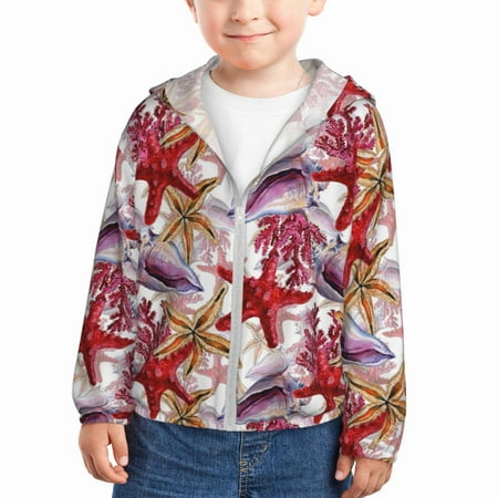 

Qekee Coral Reef Print UPF 50+ Kids Sun-Protective Hooded Long Sleeve Rash Guard for Fishing Water Beach Sports -5 Years