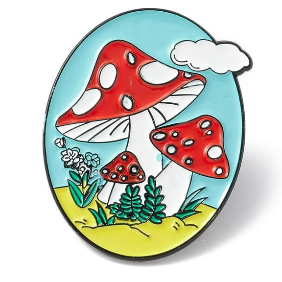 1 pc Oval with Mushroom Enamel Pin Alloy Brooch for Backpack Clothes Electrophoresis Black Colorful 32x25x1.5mm