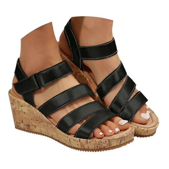 Dakaela Women's Strappy Wedge Sandals Casual Summer Cork Dressy Platform Shoes Work Walking Sandal
