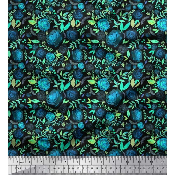 Soimoi Cotton Duck Fabric Leaves & Grandiflora Roses Floral Print Fabric by Yard 42 Inch Wide