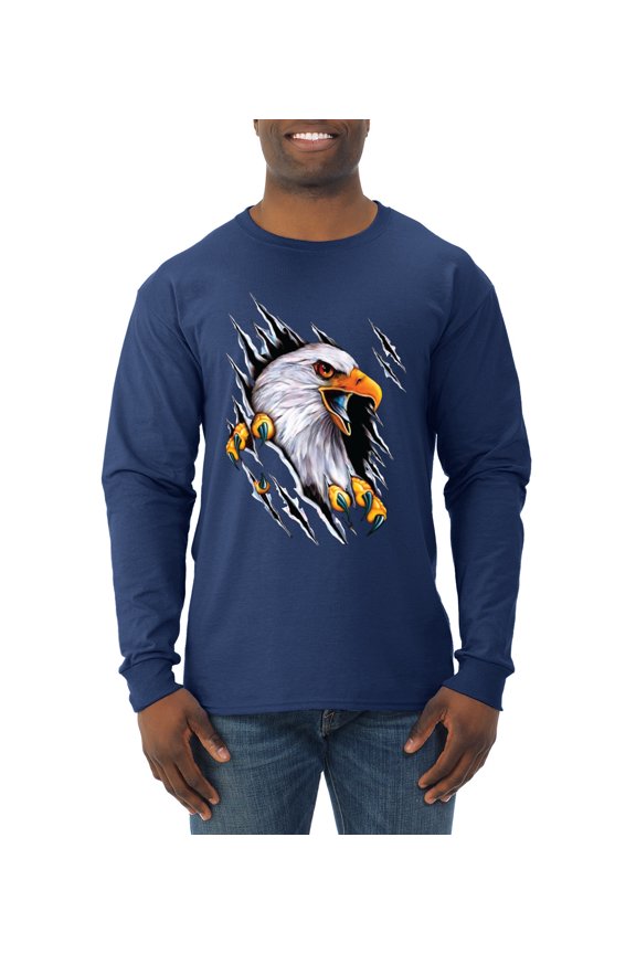 Torn Ripped Eagle Claws Animal Lover Mens Long Sleeve Shirt, Navy, Small