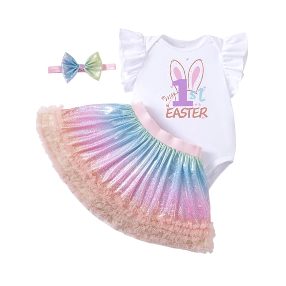WIBACKER My First Easter Outfit Baby Girl Bunny Romper Bodysuit Rainbow Lace Tutu Skirts Infant 1st Easter Clothes