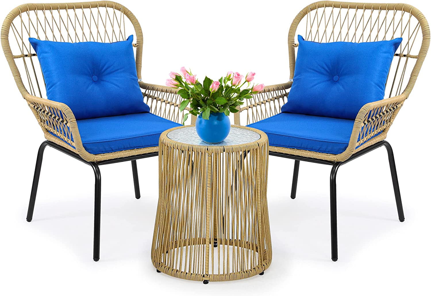Dextrus 3-Piece Outdoor Patio Furniture Wicker Bistro Set, All-Weather Rattan Conversation Chairs for Backyard, Balcony and Deck with Soft Cushions, Glass Side Table (Light Brown+Navy Blue)