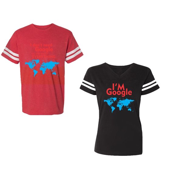 I Don' T Need Google My Wife knows Everything I 'm Google Unisex Couple Matching Cotton Jersey style T-Shirt Contrasting stripes on sleeves (Men Red / Women Black) (Men S / Women S)