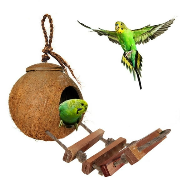 SunGrow Natural Coconut Shell Nest & Hanging Bird House with Ladder