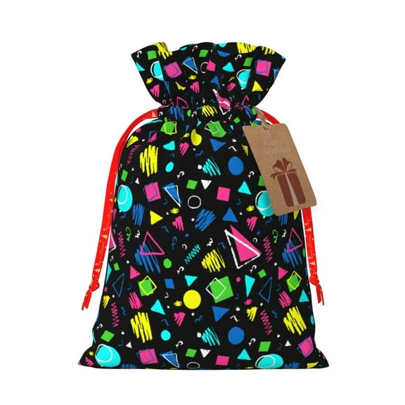 Fuzoiu Geometric 1980s Styled Print Christmas Gift Bag,Burlap Gift Bag with Drawstring Closure & Hang Tag,Perfect for Holidays, Birthdays, and Special Occasions-Small