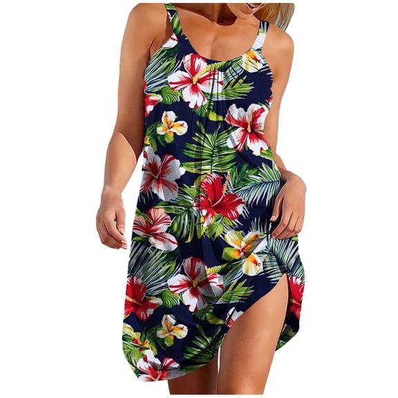 CHUMUD Short Dresses for Women Hawaiian Tropical Print Cami Sleeveless Crew Neck Dress A Line Mini Dress Summer Beach Vacation Sundress Casual